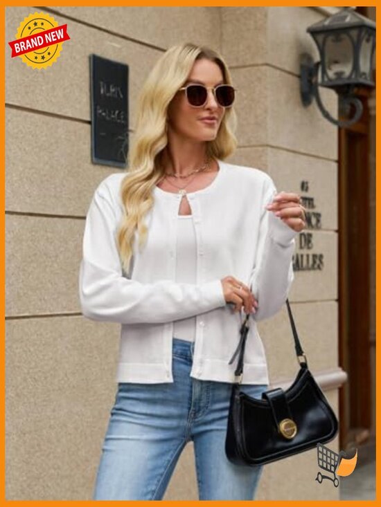 Cropped Cardigan Sweater Lightweight Bolero Shrug Button Down Long Sleeve Top - Picture 4 of 7